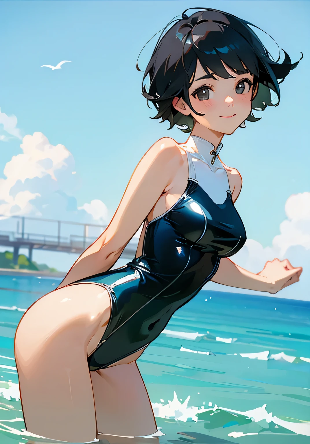 {best quality},Ocean、black hair short cut、woman、beautiful breasts、Cute swimsuit in white、I have a float、radiant smile、Low angle 、cowboy shot