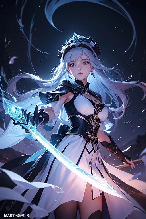 (Obra maestra:1.2), Mejor calidad, (illustration:1.2), (ultra detallado), hiper detalles, (delicado detallado), (detalles intrincados), (cinematic light, Mejor calidad Backlights), Delete line, solista, Cuerpo perfecto, (1 chica), anime a elegant girl fairy tale s wings, hat cap detailed glowing ribbon ultra detailed, style detailed, most beatiful, soft delicatessen hair,translucent dressing Phantom, long soft dressing, detailed glowing drawing(glowing color hands). black and white. Poster Original ink press octane render digital art stylized, standing in front of the with her magical sword and sword to release blue flame, cool black dregon tattoo on neck and who cut through infinity,floating above pits of lava as brimstone and smoke billows out from them and she who has touched the void, (constituir), alto contraste, (mejor iluminacion, un extremadamente creado y hermoso), (cinematic light), vistoso,