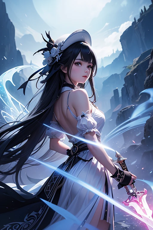 (Obra maestra:1.2), Mejor calidad, (illustration:1.2), (ultra detallado), hiper detalles, (delicado detallado), (detalles intrincados), (cinematic light, Mejor calidad Backlights), Delete line, solista, Cuerpo perfecto, (1 chica), anime a elegant girl fairy tale s wings, hat cap detailed glowing ribbon ultra detailed, style detailed, most beatiful, soft delicatessen hair,translucent dressing Phantom, long soft dressing, detailed glowing drawing(glowing color hands). black and white. Poster Original ink press octane render digital art stylized, standing in front of the with her magical sword and sword to release blue flame, cool black dregon tattoo on neck and who cut through infinity,floating above pits of lava as brimstone and smoke billows out from them and she who has touched the void, (constituir), alto contraste, (mejor iluminacion, un extremadamente creado y hermoso), (cinematic light), vistoso,
