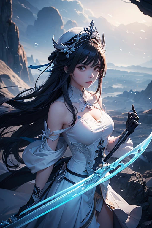 (Obra maestra:1.2), Mejor calidad, (illustration:1.2), (ultra detallado), hiper detalles, (delicado detallado), (detalles intrincados), (cinematic light, Mejor calidad Backlights), Delete line, solista, Cuerpo perfecto, (1 chica), anime a elegant girl fairy tale s wings, hat cap detailed glowing ribbon ultra detailed, style detailed, most beatiful, soft delicatessen hair,translucent dressing Phantom, long soft dressing, detailed glowing drawing(glowing color hands). black and white. Poster Original ink press octane render digital art stylized, standing in front of the with her magical sword and sword to release blue flame, cool black dregon tattoo on neck and who cut through infinity,floating above pits of lava as brimstone and smoke billows out from them and she who has touched the void, (constituir), alto contraste, (mejor iluminacion, un extremadamente creado y hermoso), (cinematic light), vistoso,