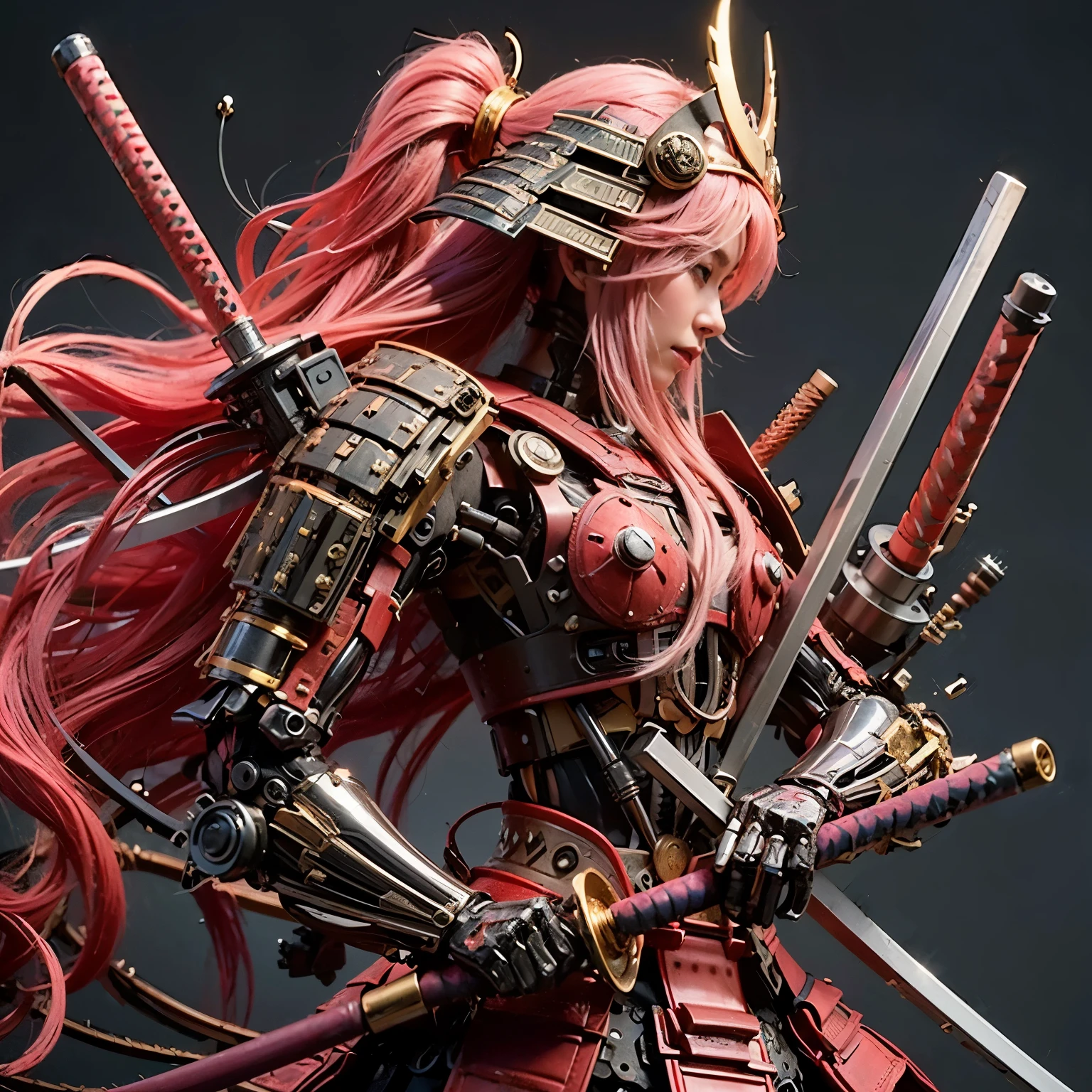 (best quality,highres,masterpiece:1.2),(mechanical:1.4,hydraulic cylinders:1.2),samurai armor,Japanese sword,beautiful girl,twin tails,silver hair,realistic,photorealistic:1.37,photo shoot,ultra-detailed,hyper-realistic textures,full body,battlefield