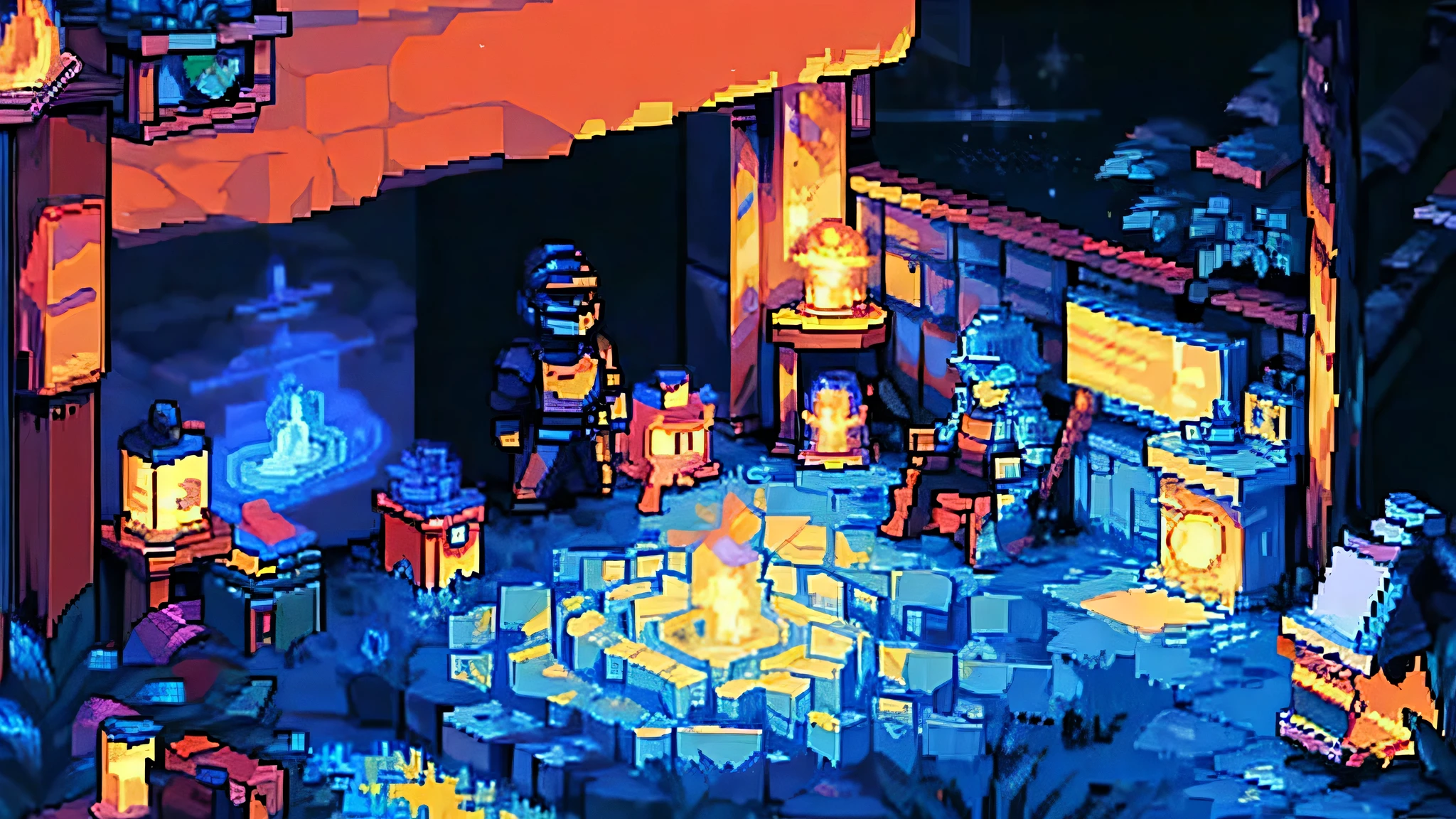 Describe to me a nighttime outdoor bonfire with a knight nearby in pixel art