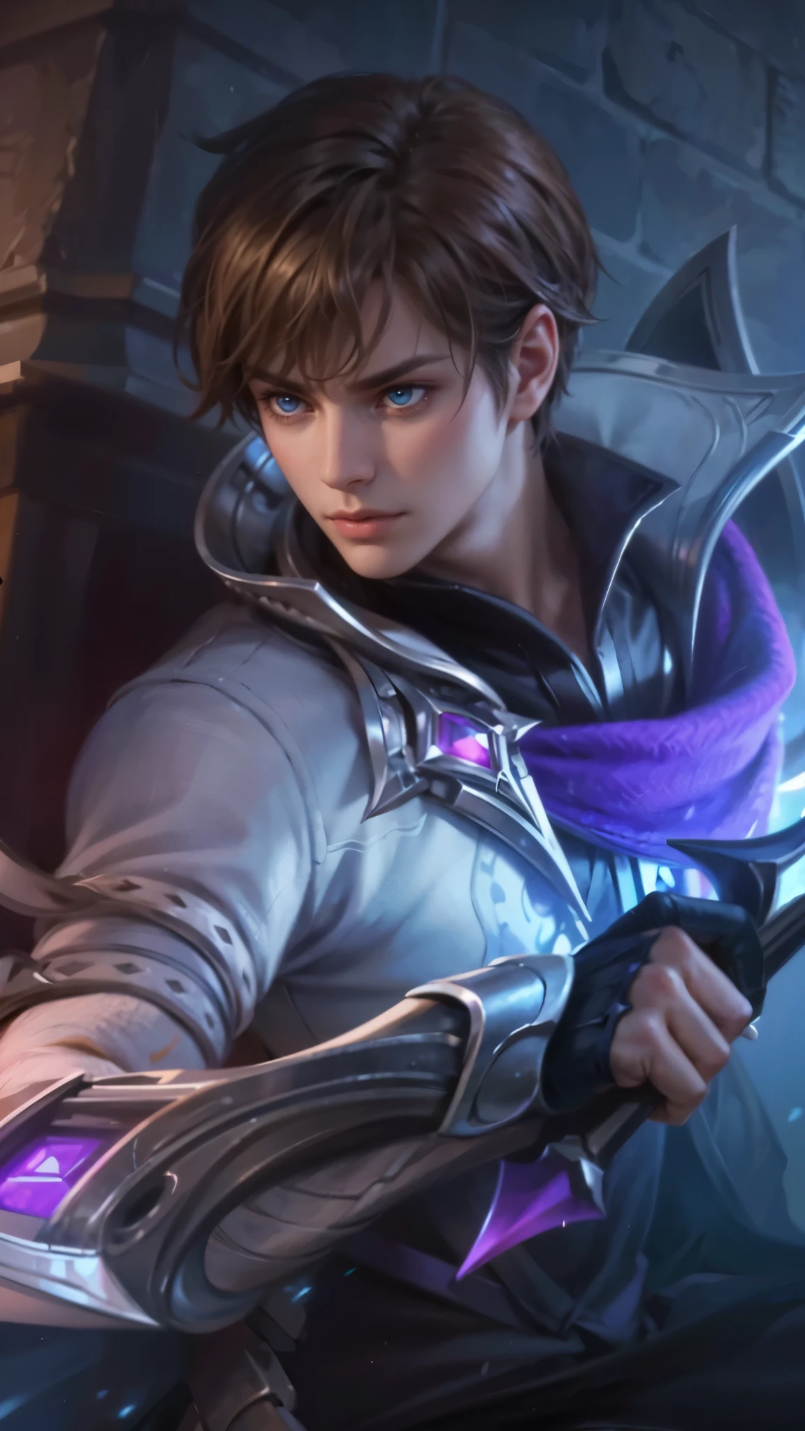 a close up of a person holding a sword in a room, masculine male, masterpiece, ((perfect eyes)) best quality, (semirealism:1.9), beautiful lighting, (extremely detailed CG unity 4k fhd wallpaper), High Detail, Sharp focus, dramatic outdoors, 1 boy ,19 years old, light purpel eyes, 8k, ultra hd, ultra detailed texture, hyper realistic, masterpiece, detailed texture, detailed face, detailed skin, detailed lighting, (photorealistic:1.5), best quality, beautiful lighting, cinematic lighting, professional lighting, ultra highres, realistic, detailed hair, real hair, high quality, (realskin:1.5), extremely detailed, finely detail, ultra-detailed, glare.