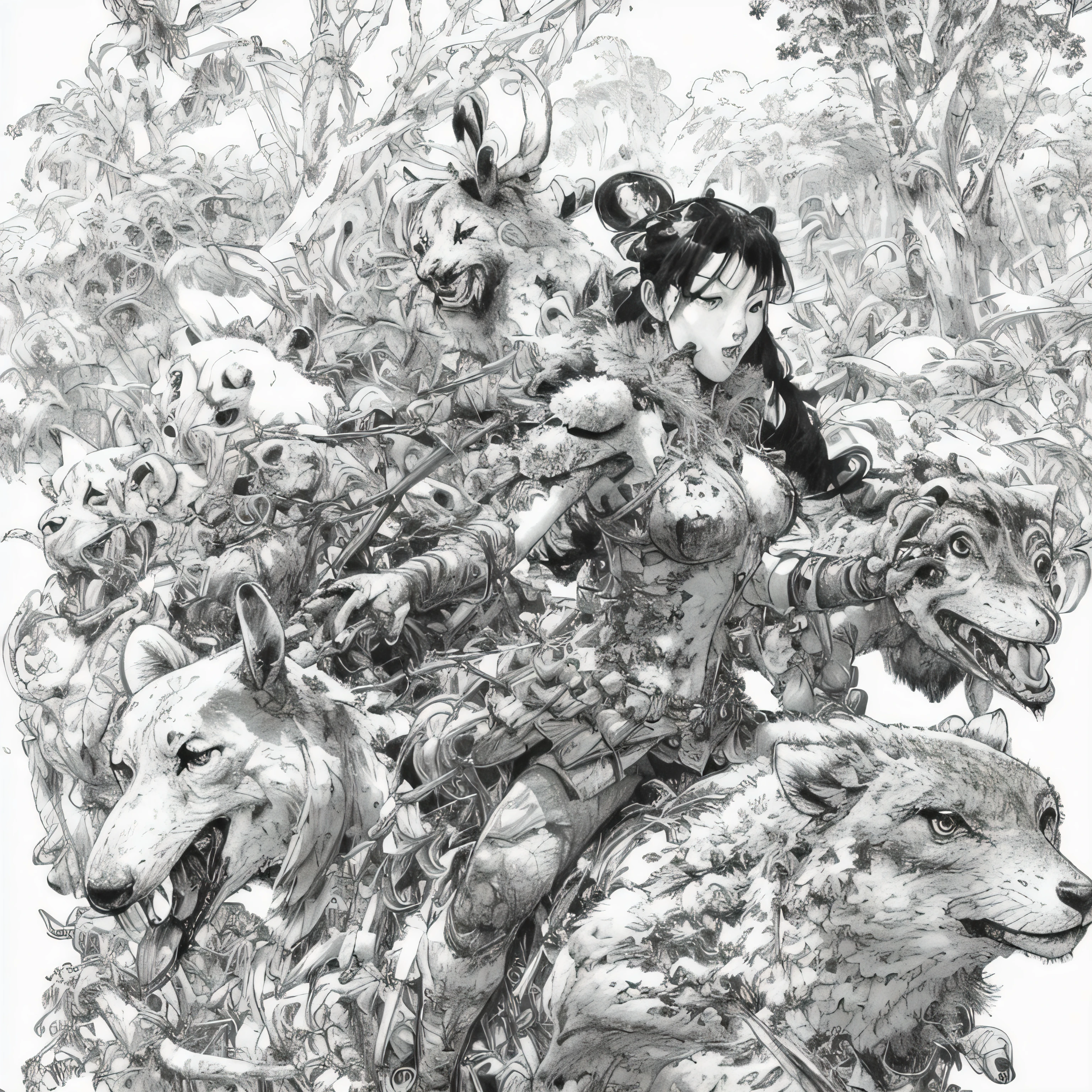 kimjunggi style, kimjunggis style, sketch of a queen of forest, with various animals, complex backdrop, art by artgerm and greg rutkowski, underground comic