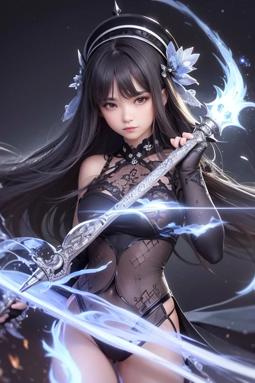 ((masterpiece, best quality)),a girl holding a sword,in the style of dark azure and light azure,mixes realistic and fantastical elements,vibrant manga,uhd image,glassy translucence,vibrant illustrations,