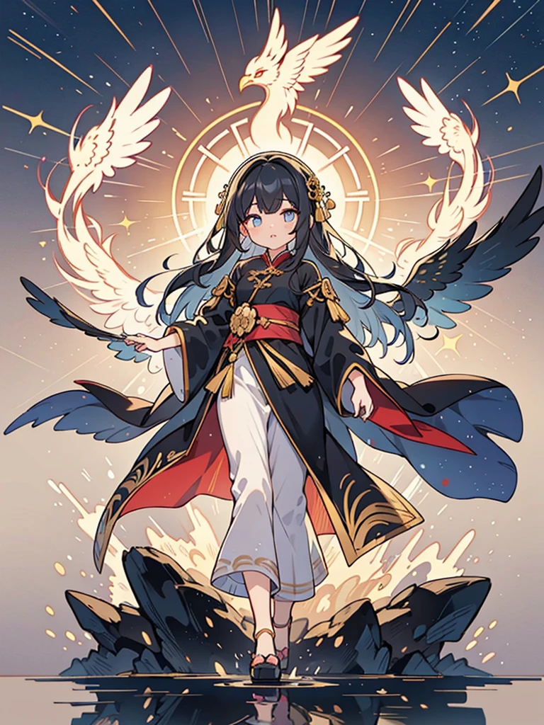 beautiful chinese girl standing on water, Fog reflection, A huge phoenix in the sky, magic, fantasy, dynamic posture, Consists of colorful glowing flames, delicate face, delicate eyes, long black and gold hair, Wearing amber and sky blue han robes, delicate and intricate patterns, golden bronze, magnificent composition, soft shadow, clean and sharp focus, Center configuration, poster design, panorama