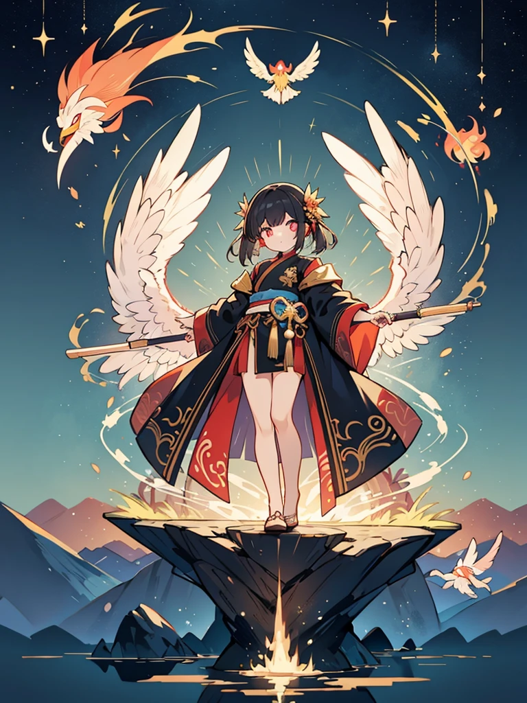 beautiful chinese girl standing on water, Fog reflection, A huge phoenix in the sky, magic, fantasy, dynamic posture, Consists of colorful glowing flames, delicate face, delicate eyes, long black and gold hair, Wearing amber and sky blue han robes, delicate and intricate patterns, golden bronze, magnificent composition, soft shadow, clean and sharp focus, Center configuration, poster design, panorama