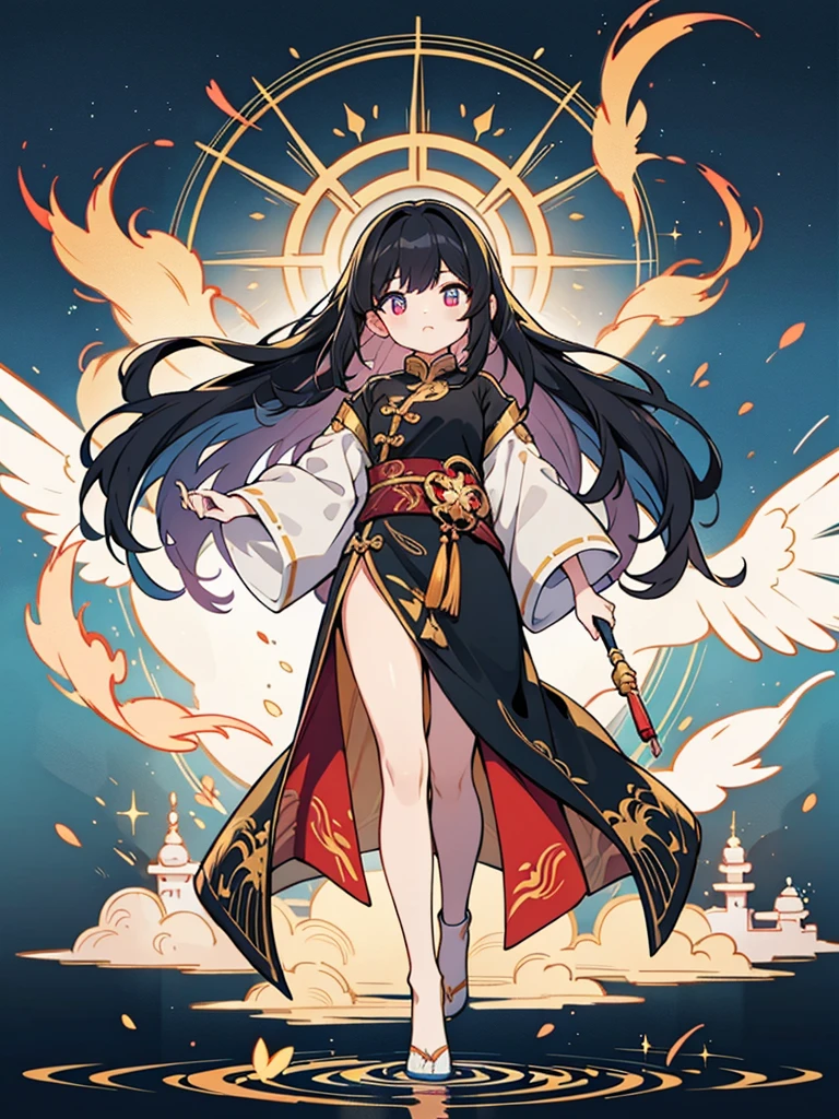 beautiful chinese girl standing on water, Fog reflection, A huge phoenix in the sky, magic, fantasy, dynamic posture, Consists of colorful glowing flames, delicate face, delicate eyes, long black and gold hair, Wearing amber and sky blue han robes, delicate and intricate patterns, golden bronze, magnificent composition, soft shadow, clean and sharp focus, Center configuration, poster design, panorama