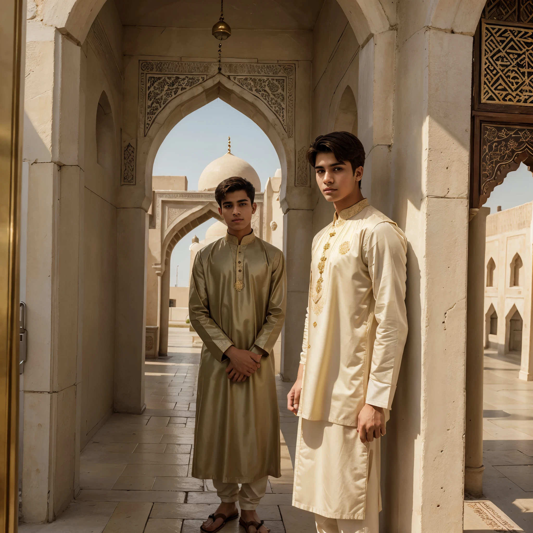 18 years old Boy stand behind the mosque, eid day, wear a arabian clothes, beautiful and handsome boy, golden hairs, realistic and 4k pic