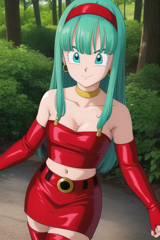 dbgtbra,1girl,solo,aqua hair,straight hair,long hair,aqua eyes,red hairband, smile,closed mouth,cowboy shot, red thighhighs,bare shoulders,collarbone,red boots,midriff,shiny,red belt,zettai ryouiki,red crop top,red skirt,thigh boots,red footwear,red tube top,neck ring,yellow choker,red miniskirt, little cleavage, bridal gauntlets,red gauntlets,tube top,leather, forest,outdoor, (insanely detailed, beautiful detailed face, masterpiece, best quality) cinematic lighting,
