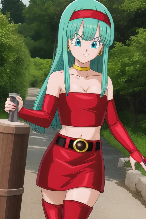 dbgtbra,1girl,solo,aqua hair,straight hair,long hair,aqua eyes,red hairband, smile,closed mouth,cowboy shot, red thighhighs,bare shoulders,collarbone,red boots,midriff,shiny,red belt,zettai ryouiki,red crop top,red skirt,thigh boots,red footwear,red tube top,neck ring,yellow choker,red miniskirt, little cleavage, bridal gauntlets,red gauntlets,tube top,leather, forest,outdoor, (insanely detailed, beautiful detailed face, masterpiece, best quality) cinematic lighting,
