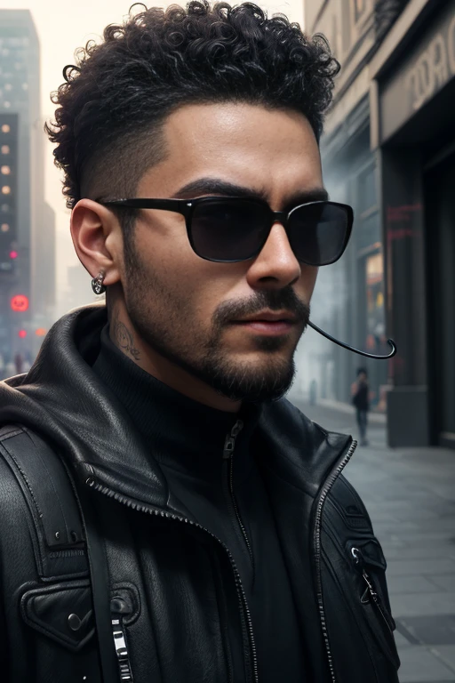 A man handsome, (best quality,4k,8k,highres,masterpiece:1.2),ultra-detailed,(realistic,photorealistic,photo-realistic:1.37),curly hair,cyberpunk,detailed face,beard,glasses,cybernetic implants,cityscape,neon lights,night scene,matrix-like,high-tech,futuristic,edgy,cool,dark colors,reflection,smoke,mysterious aura,microchip earrings,stylish fashion,confident expression,sharp jawline,urban setting,street art,graffiti,electricity sparks,technological advancements,advanced gadgets,intense gaze,memorable presence,attractive,eye-catching,urban decay,intense atmosphere,vibrant colors
