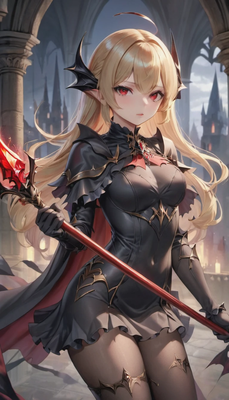 1girl, solo, blonde-hair, red-eyes, pointy-ears, looking-at-viewer, long-hair, pantyhose, vampire, holding, dress, two-side-up, black-pantyhose, hair-ornament, holding-weapon, weapon, black-dress, cape, bat-hair-ornament, standing, long-sleeves, blush, thick thighs, frills, holding-Spear , black-cape, closed-mouth, short-dress, floating-hair, ((Spear))