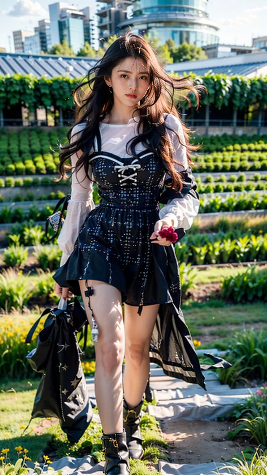 (realistic:1.3), finely detailed, quality, rembrandt lighting, (masterpiece:1.2), (photorealistic:1.2), (best quality), (detailed skin:1.3), (intricate details), dramatic, ray tracing, 1girl, shor hair, 21 years old, medium breasts, (Meadow, Sun, Clouds, Field, Farming, Starlight, Walking trail)