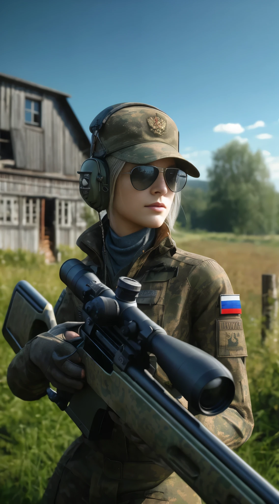 Masterpiece, a full body shot of a 28 years old Russian Federation female sniper in an eastern Europe military combat zone, ultra realistic UHD image. She is wearing a Russian pattern camo military uniform and a russian camo military cap with headphones and sunglasses. She is standing with her sniper rifle relaxing near a farm house . The background is a typical eastern European landscape . she has a beautiful and relaxed face. She has short blonde hair in a ponytail with blue-grey eyes. her skin is pale , an arafed female soldier with a rifle and a rifle in front of a barn, of a sniper girl in war, infantry girl, soldier girl, military girl, beautiful female soldier, mechanized soldier girl, realistic soldiers, portrait of soldier girl, in tarkov, portrait of cute soldier girl, sovietwave aesthetic, game cg, fps game, ultra-realistic graphics, 16K, ultra high res.photorealistic, UHD, RAW