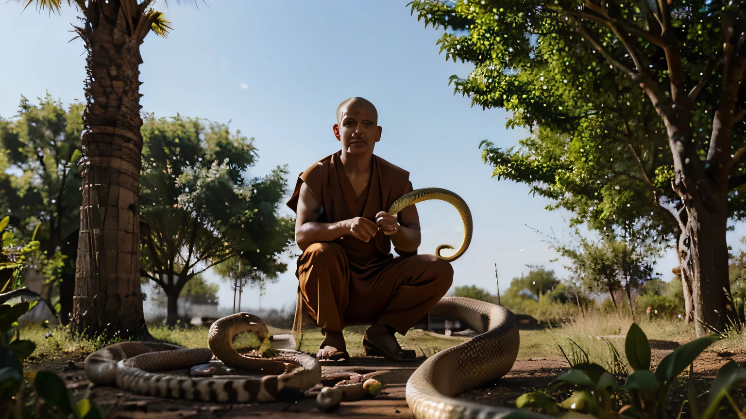 a monk facing a snake in the tree