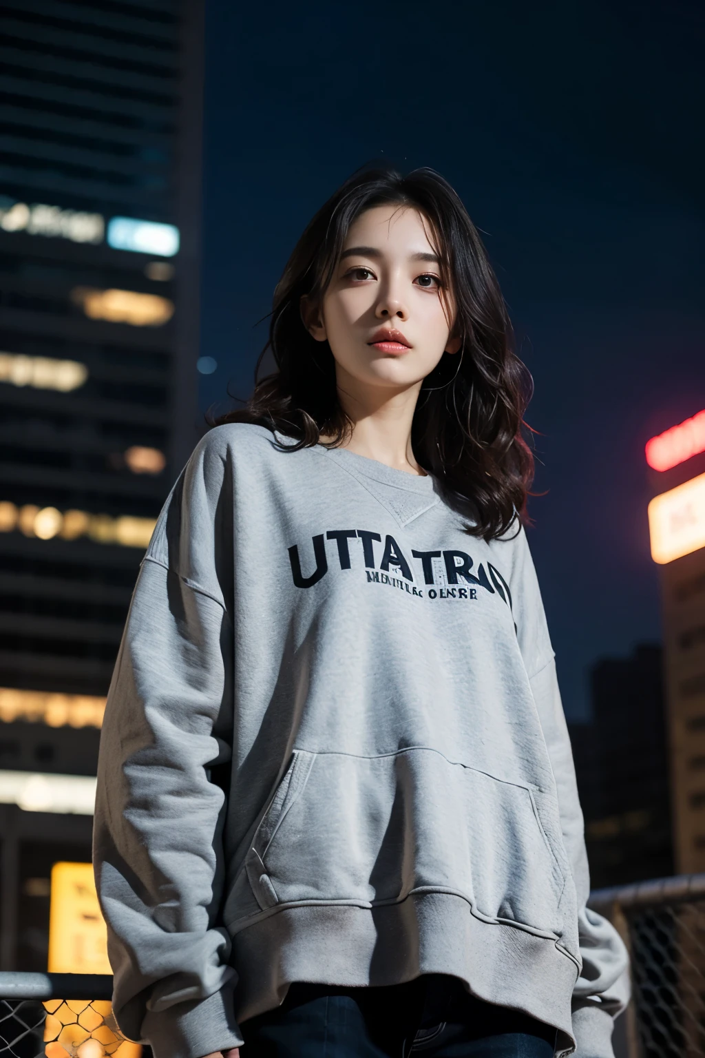 1girl, beautiful, wavy hair, almond eyes, no make up, grey sweatshirt, oversize_shirt, in front of fence, night city, cyberpunk vibes, close up, (from below:1.2), (photorealistic:1.2), (ultra realistic:1.3), (very detailed:1.1), ((masterpiece)),