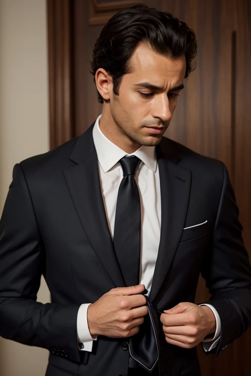 arafed man in a suit adjusting his tie in the dark, wearing a suit and a tie, wearing suit and tie, subject detail: wearing a suit, wearing a suit and tie, wearing business suit, wearing a business suit, wearing suit, wearing robes and neckties, suit and tie, wearing a suit, wearing a strict business suit, wearing black business suit