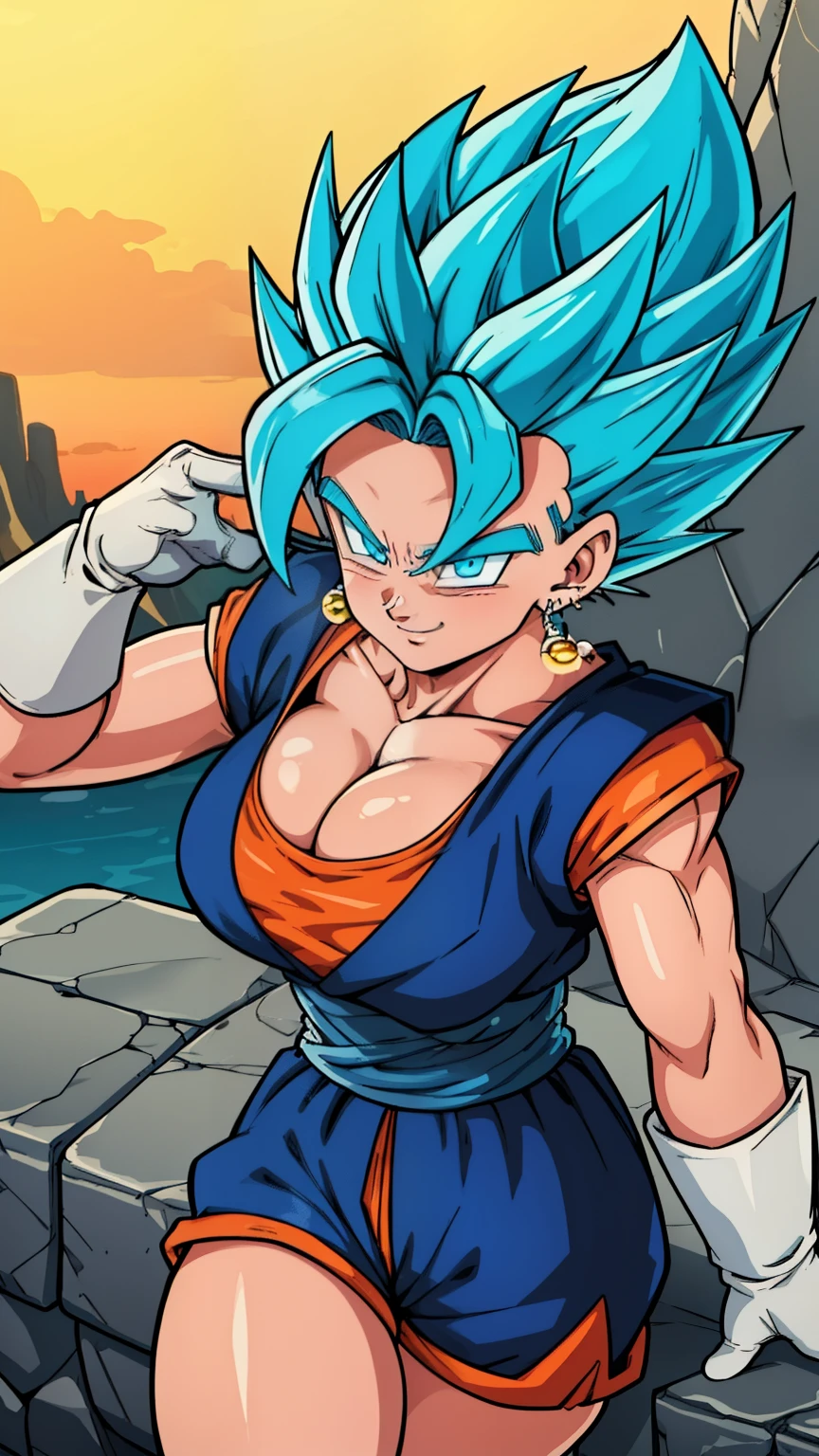 RAW photo, (high detailed skin, detailed eyes:1.1), intricate details, best quality, 8k uhd, soft lighting, Vegetto, breasts, (female:1.2), 1girl, earrings, jewelry, white gloves, full body naked, spiked hair, dougi, smile, blue hair, two bangs, blue eyes, super saiyan blue, godly blue aura, sexy, huge breasts, fully body naked, no clothes