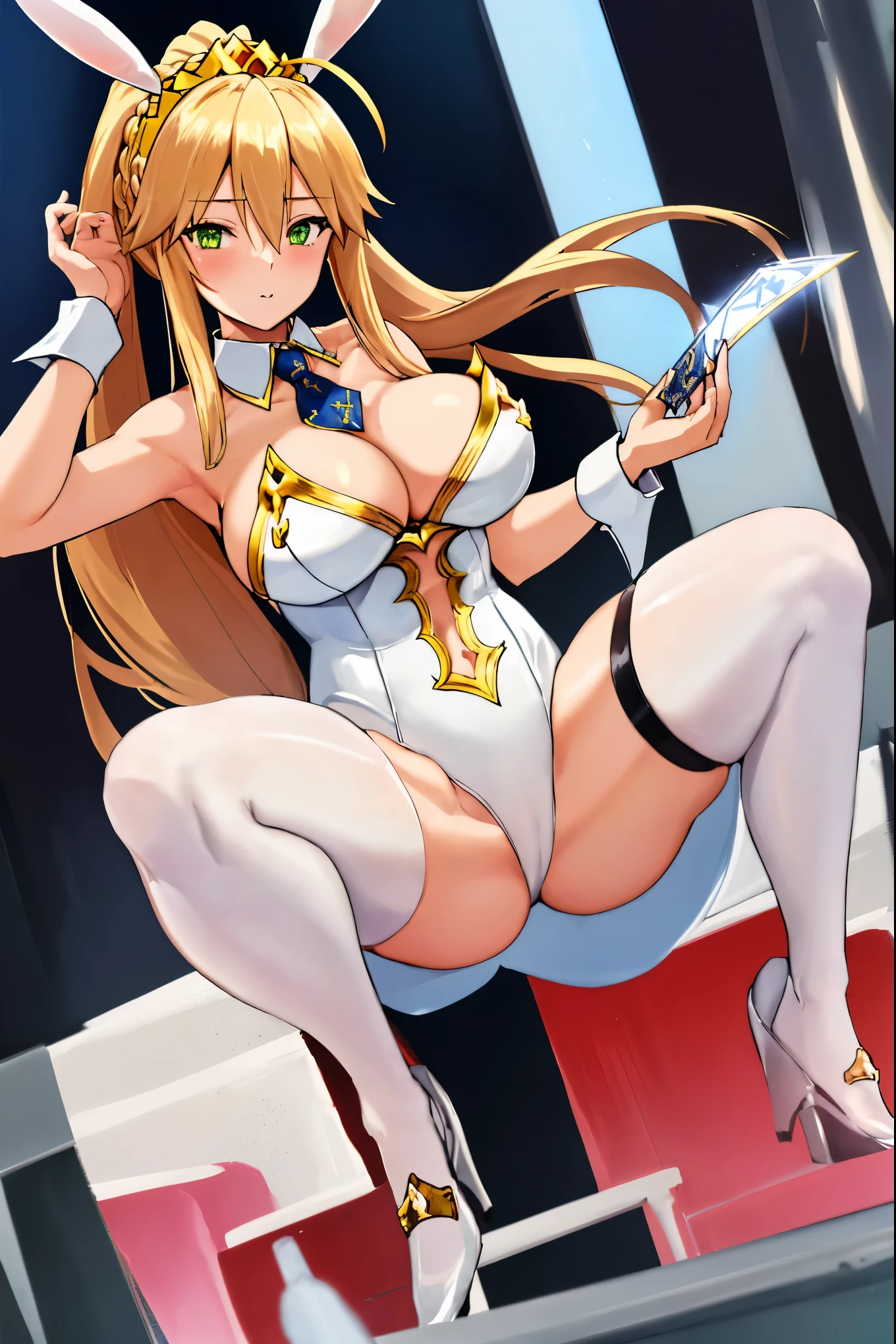 masterpiece, best quality, absurdres, looking at viewer, (light_smile:0.6),
1girl, ahoge, rabbit ears, playboy ?????, artoria pendragon \(swimsuit ruler\) \(fate\), ????????????? , blonde hair, green eyes, french braid,  pony tail
???? shoulders, ????????????? , cleavage,
clothing cut out, wrist cuffs, detached collar, cutout, feather boa,
white leotard, blue necktie, blue pantyhose, single thigh strap, hands_above_head,(squat:1.3),(???????????:1.3),rabbit_pose,solo,stretch_fingertips