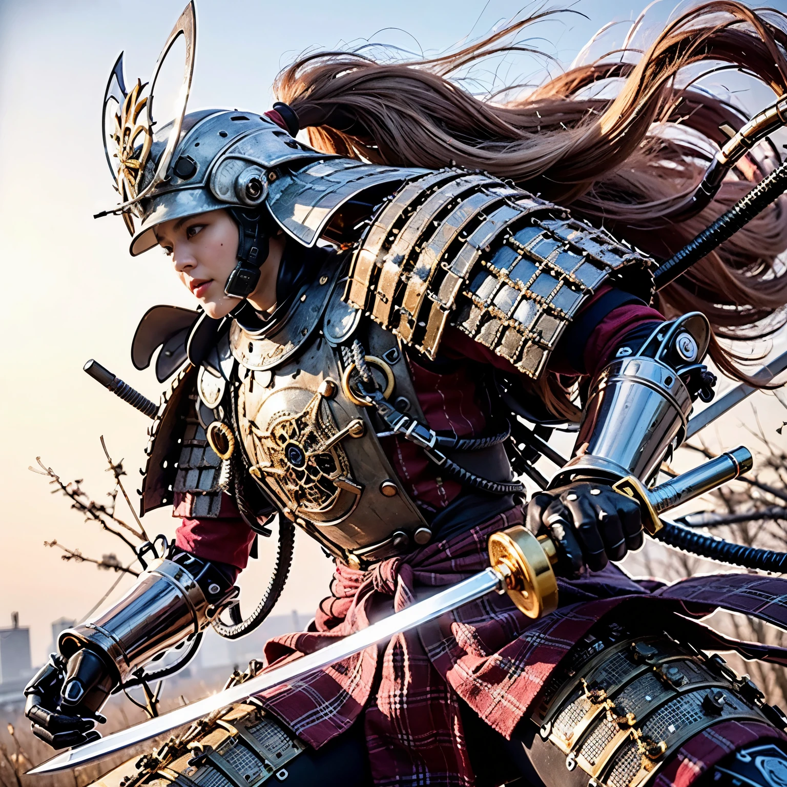 (best quality,highres,masterpiece:1.2),(mechanical:1.4,hydraulic cylinders:1.2),samurai armor,Japanese sword,beautiful girl,twin tails,silver hair,realistic,photorealistic:1.37,photo shoot,ultra-detailed,hyper-realistic textures,full body,battlefield