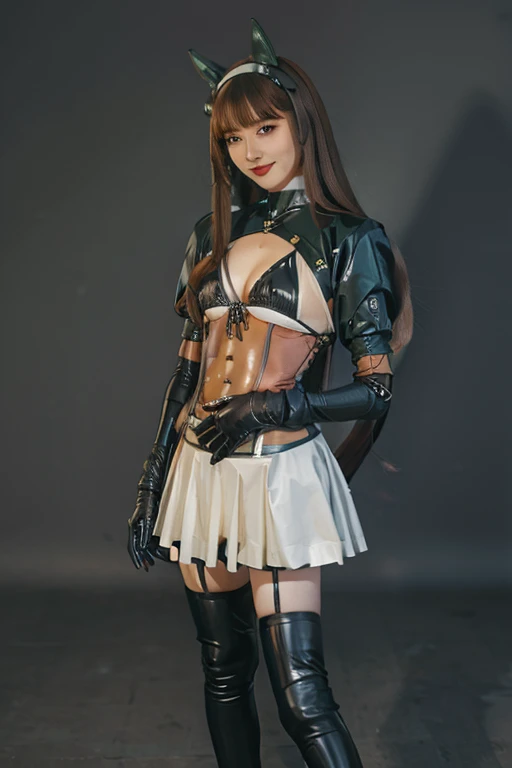 silence suzuka \(umamusume\), highest quality, masterpiece, realistic, 1 girl, alone, full body, Are standing, ( long straight hair:1.4), looking at the viewer, arm at side, smile, latex costume, cropped jacket, corset, see-through skirt, belly button, latex gloves, elbow bag, Latex Bra, thigh boots, latex thigh high socks, high heels, simple background,