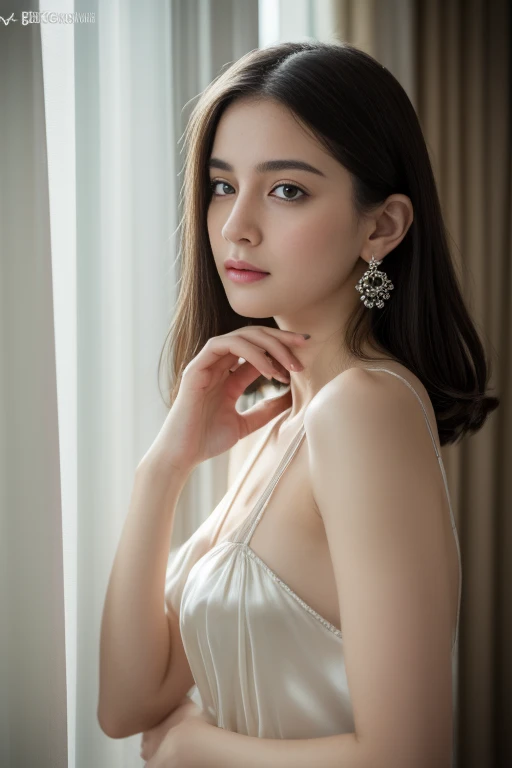 best quality, (masterpiece:1.2), illustration, Ridiculous, (1 girl, alone. Wearing a white silk nightgown. dreamy deep purple), (Beautiful and meticulous girl), ((Upper body, portrait) ), Very delicate and beautiful, wonderful, Highly detailed CG Unity 8k wallpaper, super detailed, high resolution, movie lighting,soft light, Beautiful and meticulous girl, Highly detailed eyes and faces, Beautifully detailed nose, Beautiful and delicate eyes, Keira McMillan, Hair,black hair, Black Eyes, medium breasts, crystal earrings,   , perfect anatomy, Slender figure, looking at the audience, Elegant bedroom interior, night, , Dark curtains cover the windows,