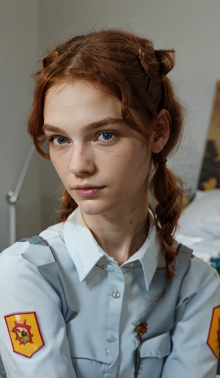 Realistic portrait of a , Red hair, pigtails with white ribbons, gray-blue eyes, moles,