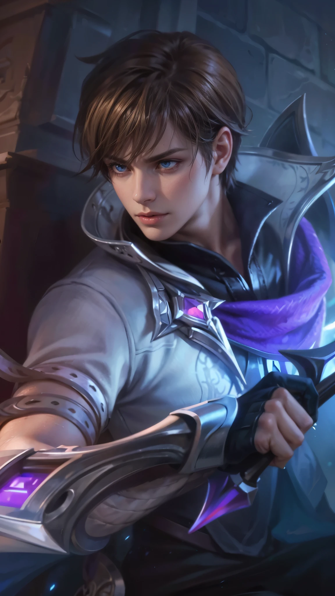 a close up of a person holding a sword in a room, masculine male, masterpiece, ((perfect eyes)) best quality, (semirealism:1.9), beautiful lighting, (extremely detailed CG unity 4k fhd wallpaper), High Detail, Sharp focus, dramatic outdoors, 1 boy ,19 years old, light purpel eyes, 8k, ultra hd, ultra detailed texture, hyper realistic, masterpiece, detailed texture, detailed face, detailed skin, detailed lighting, (photorealistic:1.5), best quality, beautiful lighting, cinematic lighting, professional lighting, ultra highres, realistic, detailed hair, real hair, high quality, (realskin:1.5), extremely detailed, finely detail, ultra-detailed, glare.