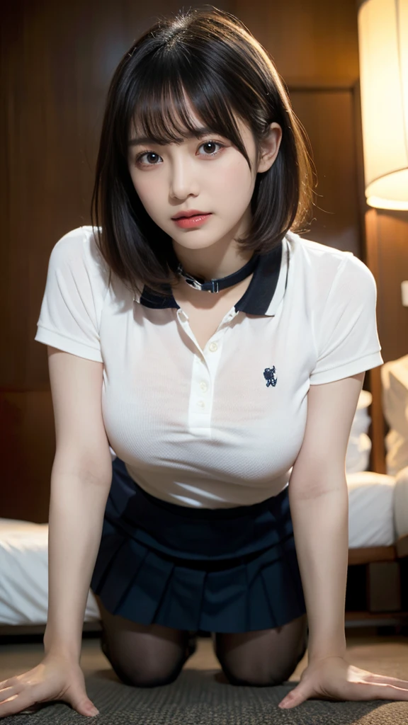 muste piece, best quality, illustration, Super detailed, fine details, High resolution, 8K,wall paper, perfect dynamic composition,(Details High quality, realistic depiction of eyes:1.3), (Polo shirt with collar), pleated skirt, big breasts, short bob hair、black hair color, Big Natural Color Lip, bold sexy pose, (perfect body shape), crying a little、cold gaze, Harajuku style、20 year old girl、cute type、****ta、beautiful legs, hotel room, hposing Gravure Idol, Voluptuous thighs, (crawling position, on all fours:1.2)