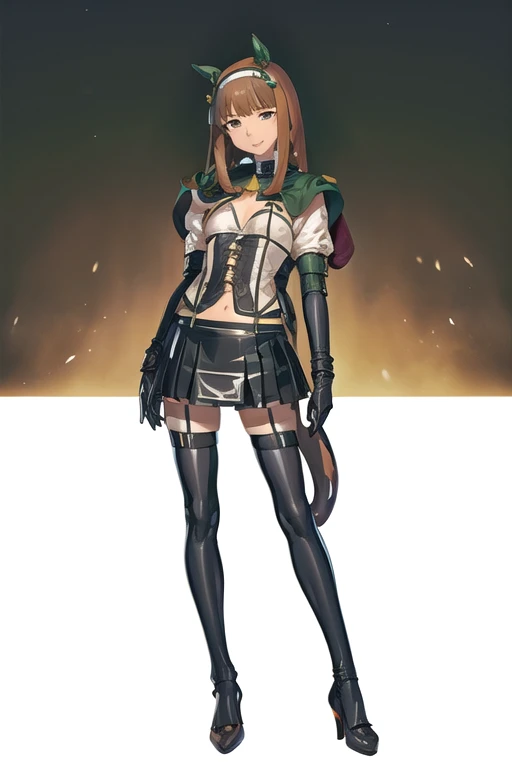 silence suzuka \(umamusume\), highest quality, masterpiece, realistic, 1 girl, alone, full body, Are standing, ( long straight hair:1.4), looking at the viewer, arm at side, smile, latex costume, cropped jacket, corset, see-through skirt, belly button, latex gloves, elbow bag, Latex Bra, thigh boots, latex thigh high socks, high heels, simple background,
