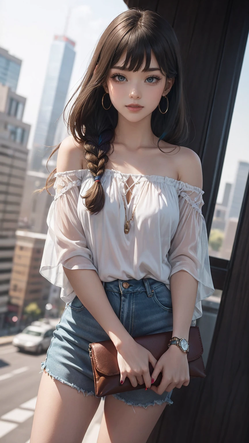 最high quality, 8K, masterpiece: 1.3, Ultra HD, high quality, 最high quality, High resolution, realism)) 、25歳のwhite woman、brunette、blue eyes、long hair、smile、slender、slenderだがアスリートのような細マッチョ、I don&#39;t want my head to disappear from the screen.、Wear accessories on your wrist、Wearing red nail polish、I have a peticure、aerial perspective((atmospheric perspective))、smile((smiley))、background blur((depth of field)、Wear a sheer, off-the-shoulder bodycon top、wear sandals、have a clutch bag、Skyscraper background、Waiting for a traffic light at an intersection、crystal earrings((crystal earrings))、inner color((colored inner hair))、dark blonde、Bangs at the parting((parted bangs))、French style braid((french braid))、white woman、blonde、blue eyes