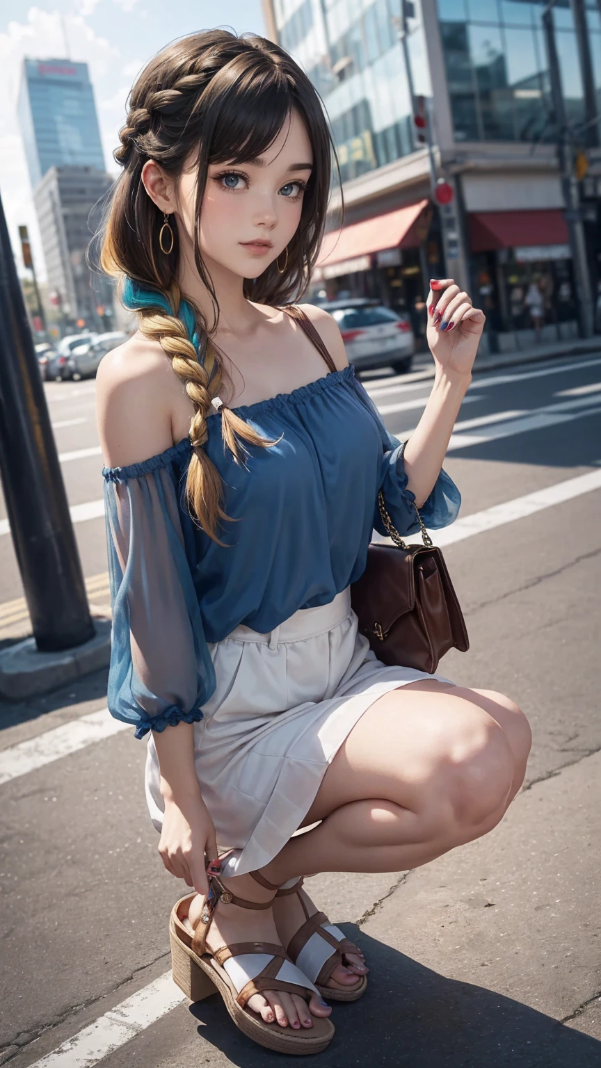 最high quality, 8K, masterpiece: 1.3, Ultra HD, high quality, 最high quality, High resolution, realism)) 、25歳のwhite woman、brunette、blue eyes、long hair、smile、slender、slenderだがアスリートのような細マッチョ、I don&#39;t want my head to disappear from the screen.、Wear accessories on your wrist、Wearing red nail polish、I have a peticure、aerial perspective((atmospheric perspective))、smile((smiley))、background blur((depth of field)、Wear a sheer, off-the-shoulder bodycon top、wear sandals、have a clutch bag、Skyscraper background、Waiting for a traffic light at an intersection、crystal earrings((crystal earrings))、inner color((colored inner hair))、dark blonde、Bangs at the parting((parted bangs))、French style braid((french braid))、white woman、blonde、blue eyes