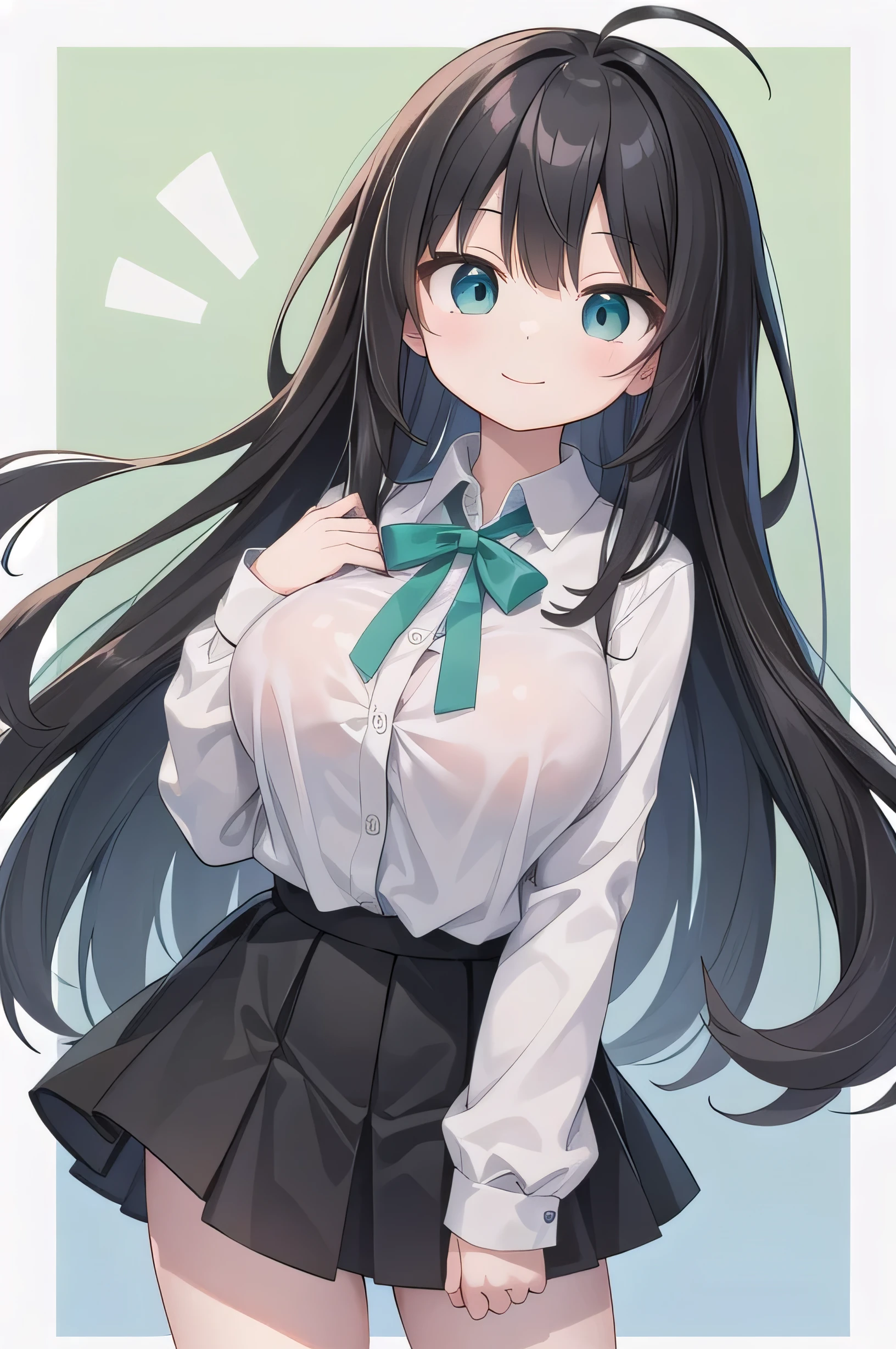 Junior high school student who looks like an elementary school student, 14 years old, very short, 140 cm tall, black hair with a slight green tinge, short ahoge, beautiful long hair but with a little hair sticking out, beautiful round eyes, blue eyes, smile, boyish, long sleeves, Thick clothes, skirt, big breasts, hair longer than the waist, long hair, baby face, gentle smile, a little shy, black skirt, black hair with a slight green tinge, boyish, gentle smile, one size larger than the jacket, (black hair with a deep green tinge) 1.2), (Child: 1.2), 1 girl,