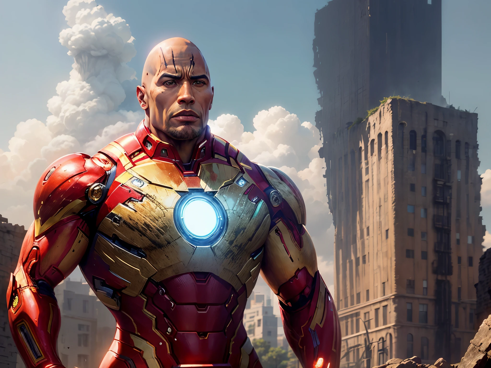 high, 2米high肌肉男張嘴大喊., huge, character idea(((Dwayne Johnson))), (((Wearing Iron Man armor))), Show your face without a hood, high金屬質感, regular symmetrical texture pattern, Standing alone in the ruins of the city in the open air, The bright sunshine is shining on you, Serious expression, A hero with deep and charming pupils, heroic male pose, high大魁梧, Super gain and cool, high分辨率委员会, Charming strong man, The bright sunshine is shining on you, Reflective and shiny, #the rock, #ironman