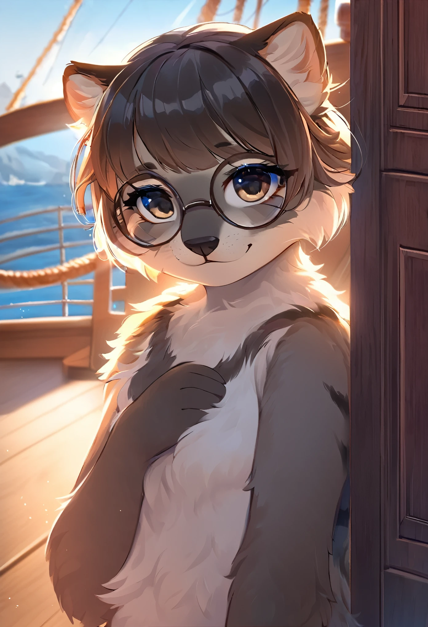 masterpiece, best quality(1girl, furry, ship, manul girl, side of door, glasses, animal nose, detail fur, adorable, black, glasses)looking at viewer, perfect light,
 