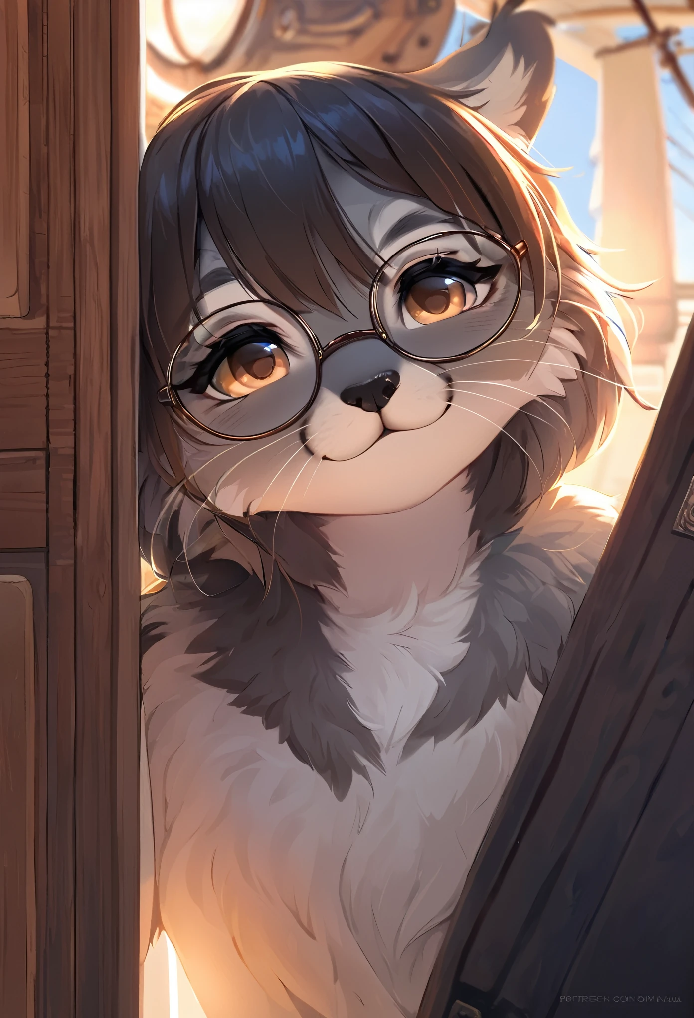 masterpiece, best quality,1girl,furry,ship,manul girl,side of door,
perfect light,glasses,animal nose,solo,detail fur
adorable,black ,glasses, looking at viewer, 
 