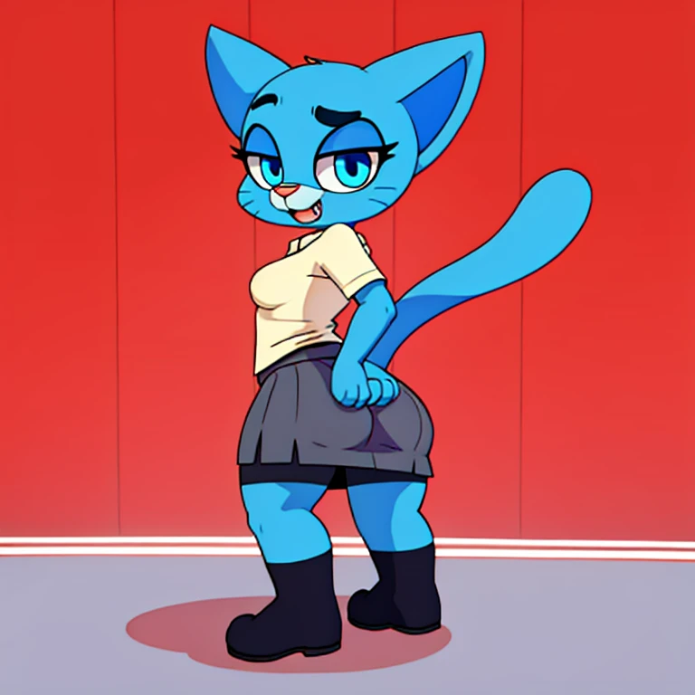 nicole_watterson ,cat milf female ,wide hips ,panties , huge ass ,grey skirt ,tail , blue pupils, solo , Full body , legwear