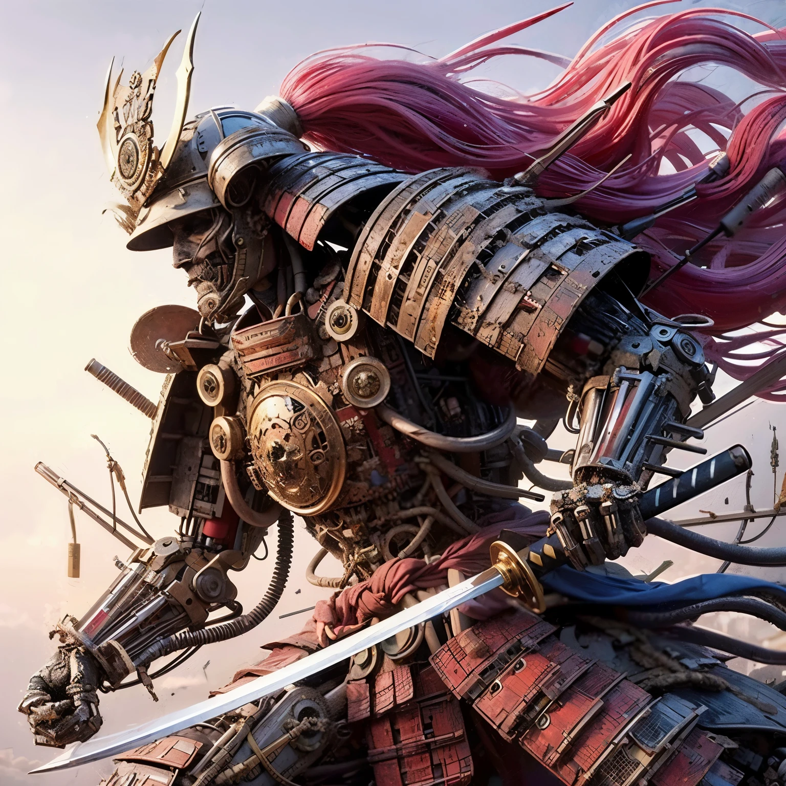 (best quality,highres,masterpiece:1.2),(mechanical:1.4,hydraulic cylinders:1.2),samurai armor,Japanese sword,beautiful girl,twin tails,silver hair,realistic,photorealistic:1.37,photo shoot,ultra-detailed,hyper-realistic textures,full body,battlefield