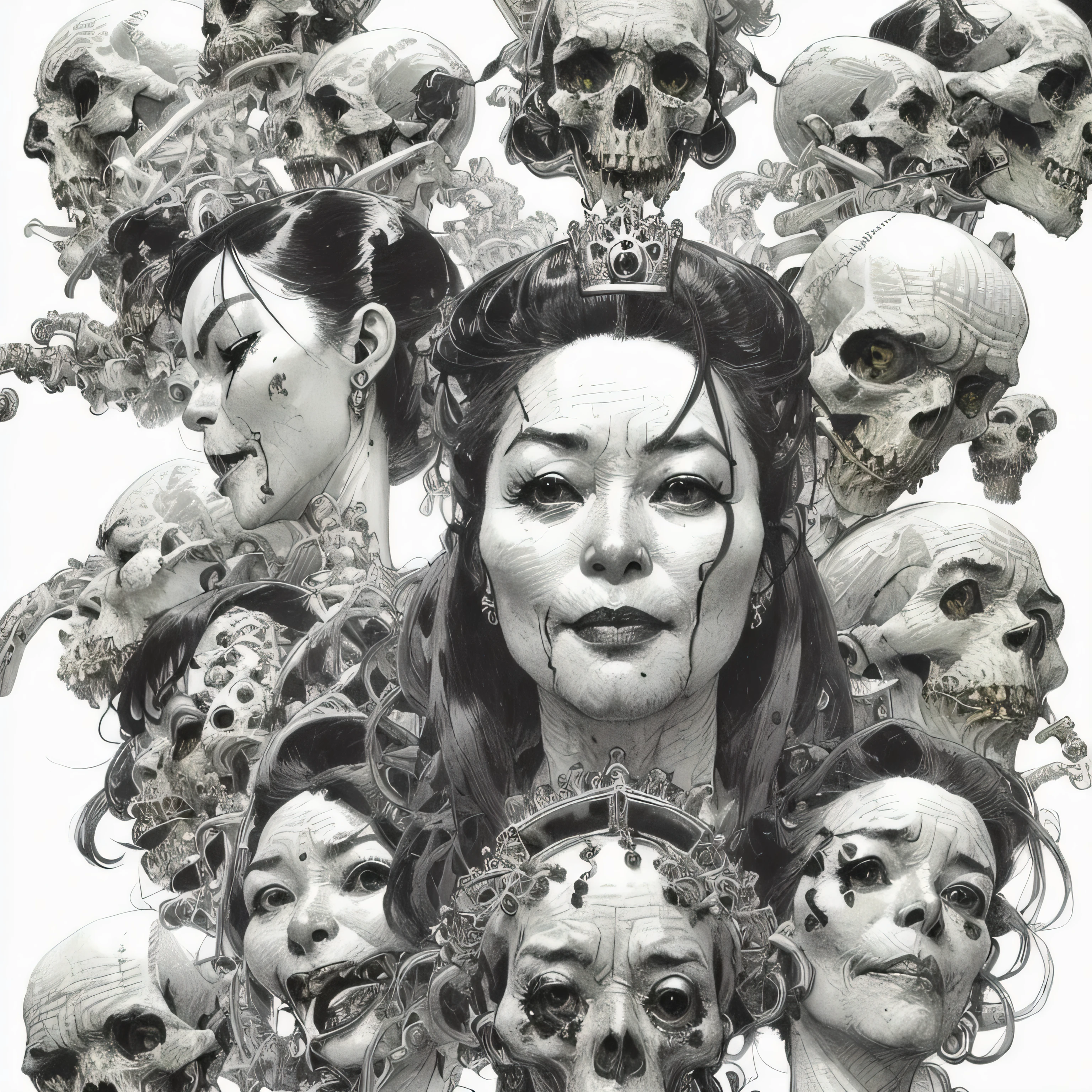 kimjunggi style, kimjunggis style, sketch of a queen of skulls, with various skulls, complex backdrop, art by artgerm and greg rutkowski, underground comic