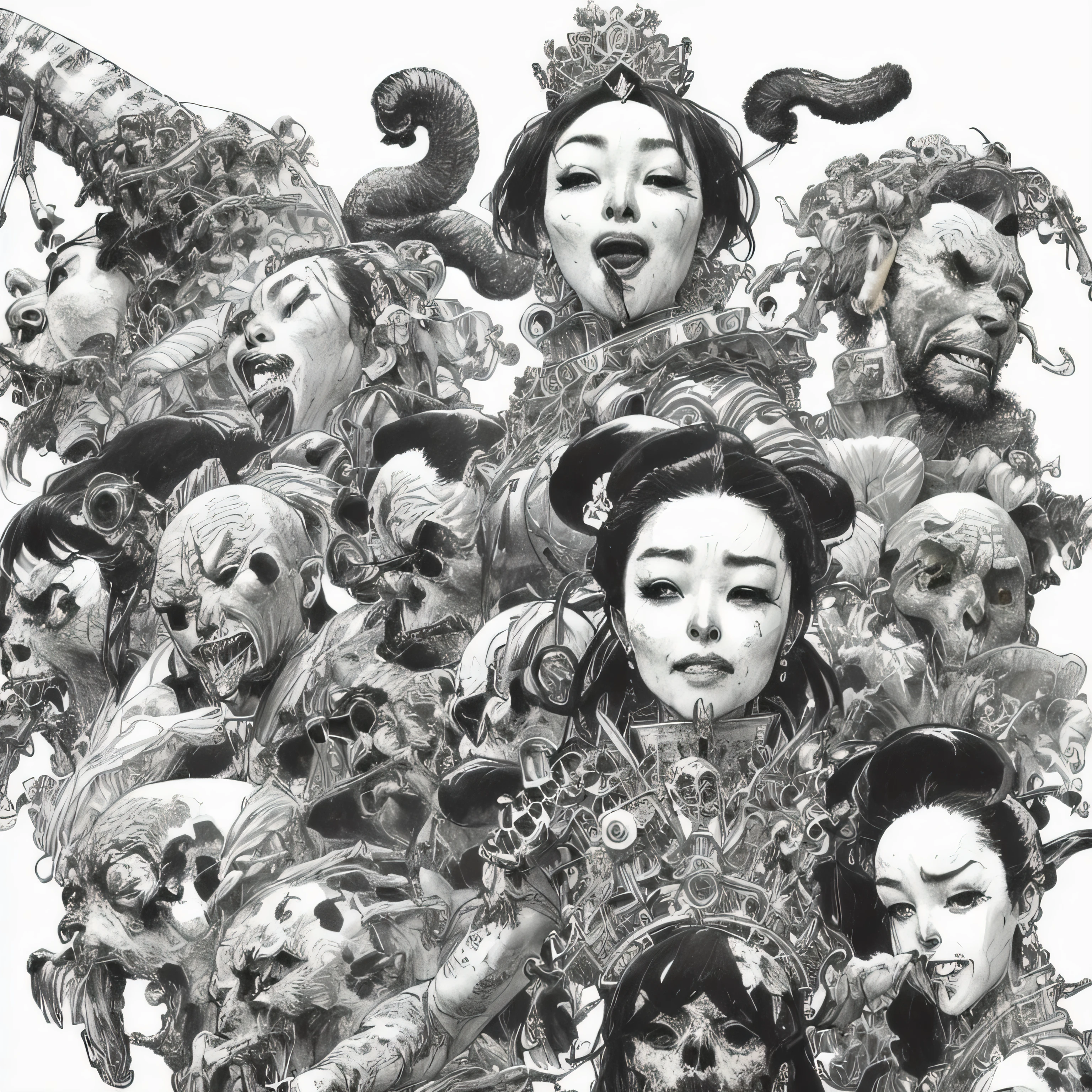 kimjunggi style, kimjunggis style, sketch of a queen of skulls, with various skulls, complex backdrop, art by artgerm and greg rutkowski, underground comic