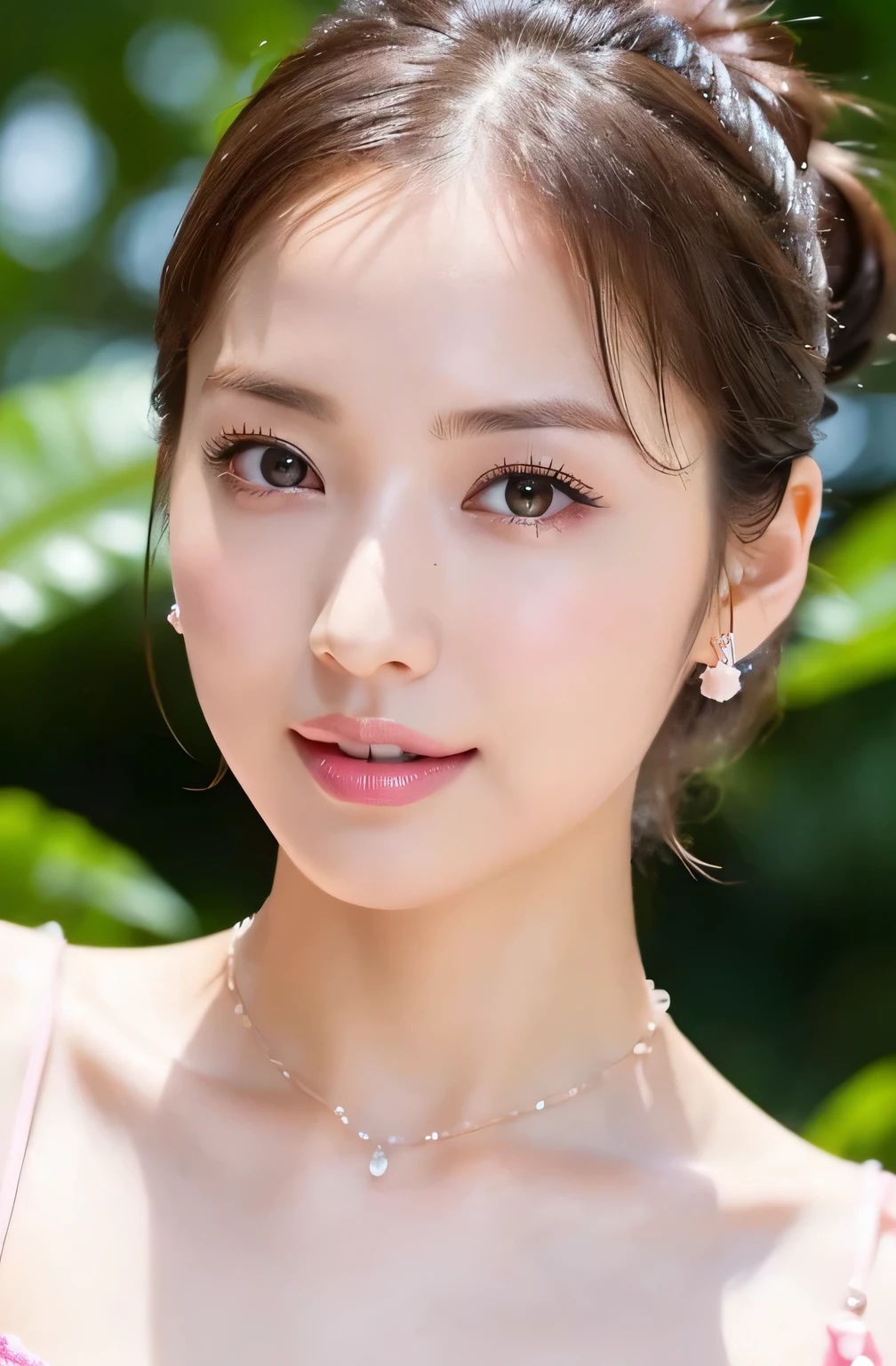 (highest quality, 4k, masterpiece :1.3),
sharp focus, shallow depth of field, Bright colors, professional level,
20-year-old, 1 person, (Half Japanese and German woman), The face of a famous Japanese actress,
Supple body :1.3, model body shape:1.5, perfect style:1.4,
narrow shoulders, beautiful clavicle, long and thin legs,
delicate body shape, The beauty of slim abs :1.2, thin waist :1.2,
super detailed skin, Fair skin, Shiny skin, super detailed face,
slim facial contour, beautiful small face, Beautiful lined nose,
super detailed eyes, long slit eyes, brown eyes, double eyelid, Beautiful thin eyebrows, fine long eyelashes,
super detailed lips, plump lips, glossy pink lips, flushed cheeks, beautiful teeth,
Beautiful actress's ennui makeup, pink lipstick,
dark brown hair, delicate soft hair,
(hair up, medium short hair, ponytail:1.2),
layer cut, (dull bangs:1.2),
(stylish looking earrings,necklace,bracelet,shiny nail art:1.2),
cute smile, open mouth half way, Enchanted expression, ((Staring at the viewer)),
(((photorealism,Shoot the whole body from the thighs:1.5))), ((The body is facing sideways)),
Photographed directly from the front, dynamic lighting,
(Dress up in a tight polka dot dress:1.2),
((The crystal clear waters of a tropical resort, Immerse yourself in water up to your waist:1.2)),
The midsummer sun shines on the whole,