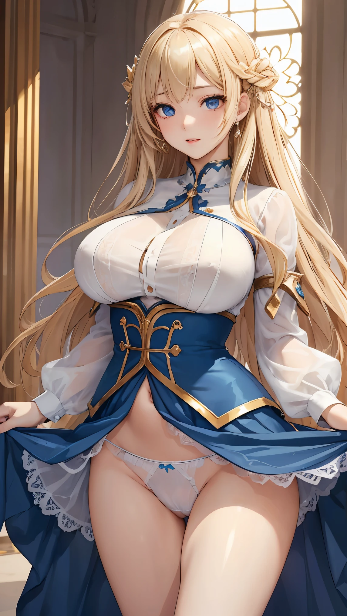 ((highest quality、Highly detailed CG Unity 8K wallpaper))、perfect body、unparalleled beauty、Curvy but slender body, perfect eyes, perfect face, perfect lighting, fine clothes、1 girl, Detailed castle background、long hair, curly hair, fine clothes, Bright and beautiful face、young shiny glossy white shiny skin、the best beauty、the most beautiful bright blonde hair in the world、thin hair、super long straight hair、Shining beautiful bangs、Shining crystal clear big blue eyes、Very beautiful lovely 17 year old most beautiful girl in the world、big and full breasts、tits、a sexually excited look、(Sexy dress with elaborate embellishment details)、((She lifts up her skirt and shows her panties、I'm seducing you))、I'm inviting you to have sex