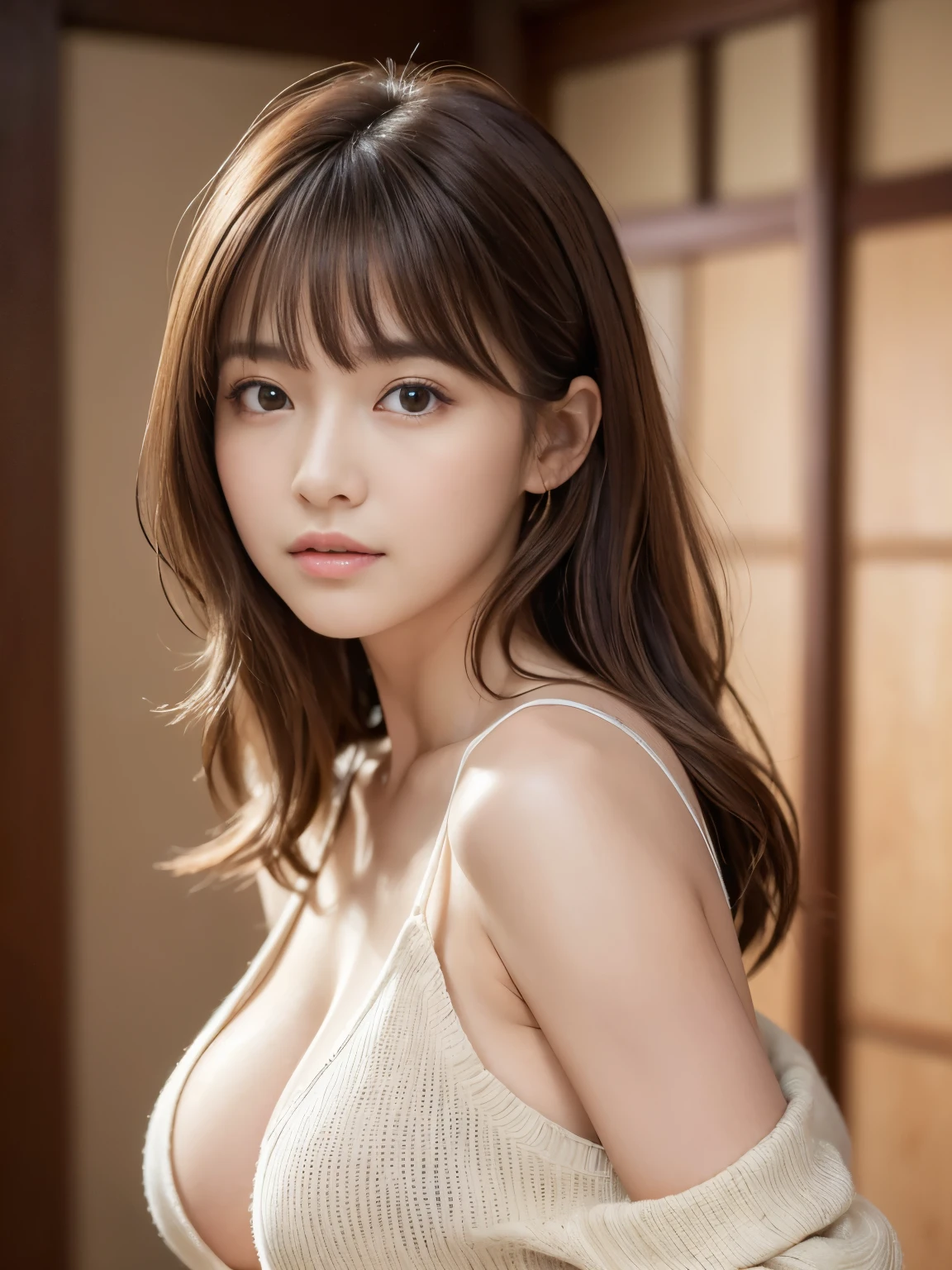 (Best quality, 8k, Masterpiece :1.3), 1girl, Pretty woman, messy hair, asymmetrical bangs, brown hair, Huge breasts :1.2, Casual outfit :1.2, Indoor, Ultra-detailed face, (actress), (Japanese idol), 19 yo, (professionally portrait photo:1.3), portrait. (face shot), simple background