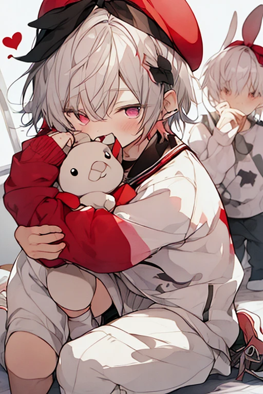 (watercolor:1.2),boy1名, flower,portrait,boy shota、rabbit stuffed animal、tracksuit、shorts、light-pigmented hair、pink eyes、high quality、High resolution、energy、cute、flower、knees、combined scar、curtain、background、Valentine、chocolate、heart、red ribbon、chocolateで覆われたイチゴ、scattered love letters、exposed belly、cling to the bed、blush、tears、naughty nipples、butt、ペニス 太もも 肌色多め スケベ エロ 布が少ない 肌露出 1男1男Shota (masterpiece、最high quality、high quality)、boyが2人 若いboy'whole body、two 、boy1人目(Light pigmented hair 、red eyes、shortcut、ピンクのshorts、Long sleeve sailor、garter belt、Pink string ribbon、Beret with rabbit ears、double teeth 、low length、Shota)、boy2人目(vermilion hair color、odd eye(green and red)、headdress、White underwear pants、フリルの襟 shortcut、white loose socks、sneakers、Shrimp Bag、Shota、boy) whole body キャラクターデザイン 仲良し、up close