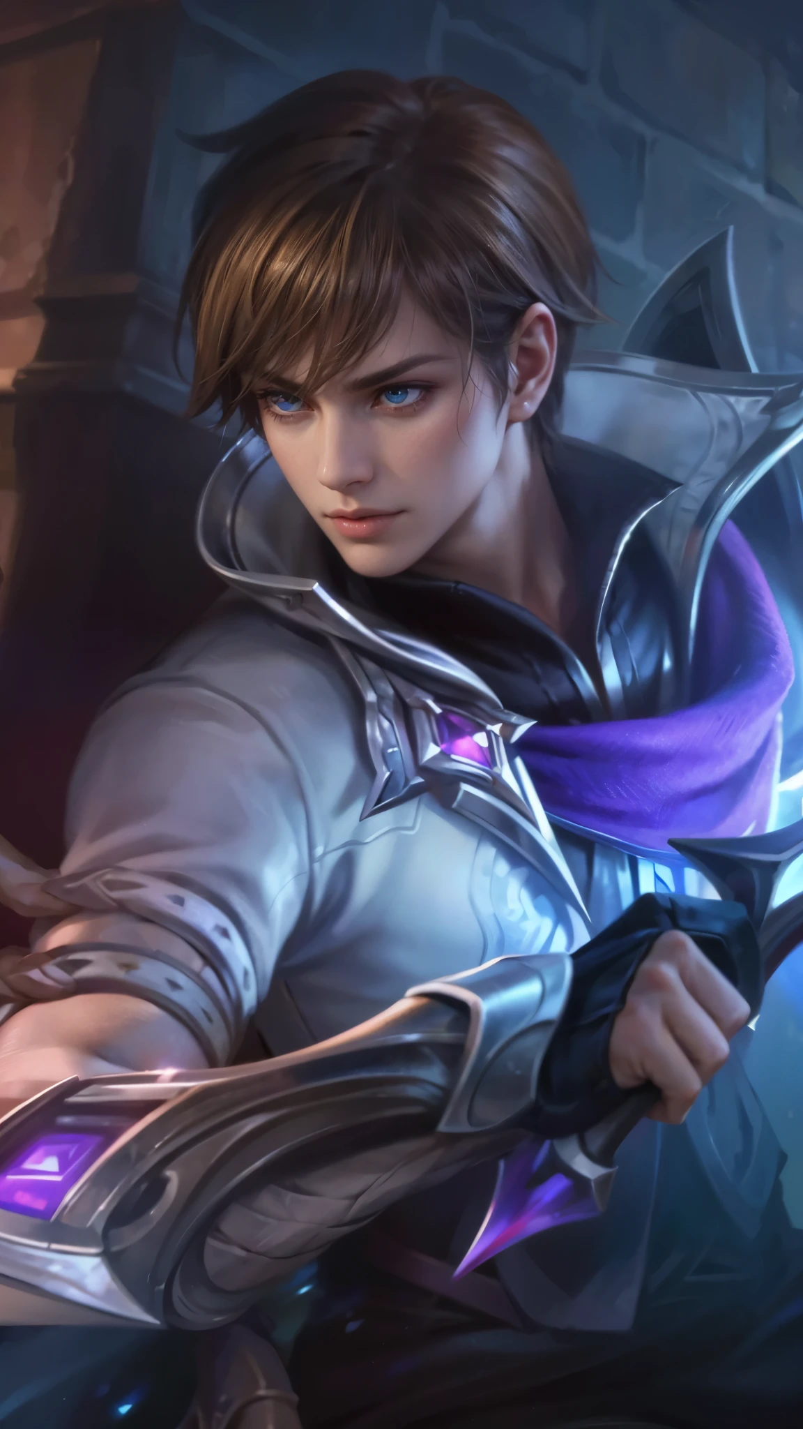 a close up of a person holding a sword in a room, masculine male, masterpiece, ((perfect eyes)) best quality, (semirealism:1.9), beautiful lighting, (extremely detailed CG unity 4k fhd wallpaper), High Detail, Sharp focus, dramatic outdoors, 1 boy ,19 years old, light purpel eyes, 8k, ultra hd, ultra detailed texture, hyper realistic, masterpiece, detailed texture, detailed face, detailed skin, detailed lighting, (photorealistic:1.5), best quality, beautiful lighting, cinematic lighting, professional lighting, ultra highres, realistic, detailed hair, real hair, high quality, (realskin:1.5), extremely detailed, finely detail, ultra-detailed, glare.