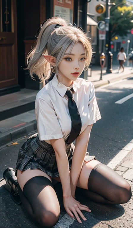 (Very normal body type:2.0)Japanese style streetscape:1 Elf beauty,jk ,(Elf long ears),silvery short hair,Half tied ponytail。high school girls uniform),Short plaid skirt,please stretch your legs,Black short stockings,black socks, black socks,translucent black socks,jade feet,Sole,normal feet , highly detailed eyes and face, sharp pupils, realistic student, fix a sharp focus, cinematic lighting,full body esbian,big breasts,long legs,from the front,dynamic pose,normal posture,close up of face