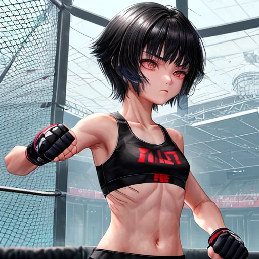 A beautiful 14-year-old female mixed martial artist。No expression。No matter how many times I fall, I'll get up、Take a fighting stance。He's been hurt in the Octagon。drooping eyes。immature body。small breasts。slender body。black hair short cut。sports bra。open finger gloves。
