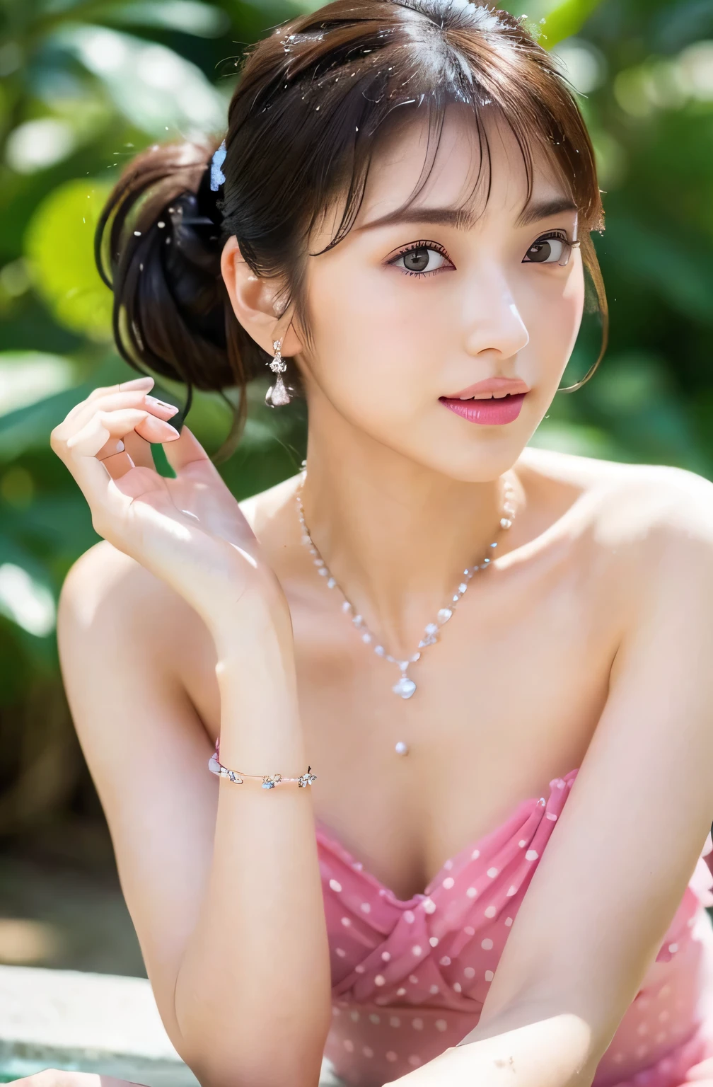 (highest quality, 4k, masterpiece :1.3),
sharp focus, shallow depth of field, Bright colors, professional level,
20-year-old, 1 person, (Half Japanese and German woman), The face of a famous Japanese actress,
Supple body :1.3, model body shape:1.5, perfect style:1.4,
narrow shoulders, beautiful clavicle, long and thin legs,
delicate body shape, The beauty of slim abs :1.2, thin waist :1.2,
super detailed skin, Fair skin, Shiny skin, super detailed face,
slim facial contour, beautiful small face, Beautiful lined nose,
super detailed eyes, long slit eyes, brown eyes, double eyelid, Beautiful thin eyebrows, fine long eyelashes,
super detailed lips, plump lips, glossy pink lips, flushed cheeks, beautiful teeth,
Beautiful actress's ennui makeup, pink lipstick,
dark brown hair, delicate soft hair,
(hair up, medium short hair, ponytail:1.2),
layer cut, (dull bangs:1.2),
(stylish looking earrings,necklace,bracelet,shiny nail art:1.2),
cute smile, open mouth half way, Enchanted expression, ((Staring at the viewer)),
(((photorealism,Shoot the whole body from the thighs:1.5))), ((The body is facing sideways)),
Photographed directly from the front, dynamic lighting,
(Dress up in a tight polka dot dress:1.2),
((The crystal clear waters of a tropical resort, Immerse yourself in water up to your waist:1.2)),
The midsummer sun shines on the whole,