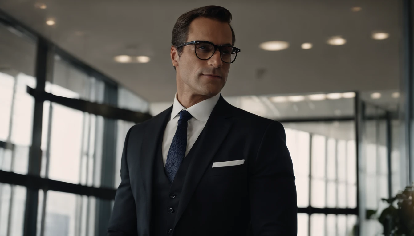 man in suit and tie standing in lawyer's office, in suit and glasses, masculine face, firm chin line, chin with dimple, outlined jaw, wide cheekbones, black hair, Rafael Personnaz, professional close-up portrait, in business suit, Paolo Parente style, in business suit, professional portrait in profile, in business suit, portrait of man in suit, full-length, full-length man, full body, full-length photo, portrait of man in suit full-length